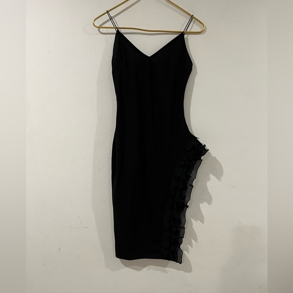 AKIRA CHICAGO Black Spaghetti Straps Below Knee Dress Side Slit and Ruffles Sz S - Picture 1 of 6